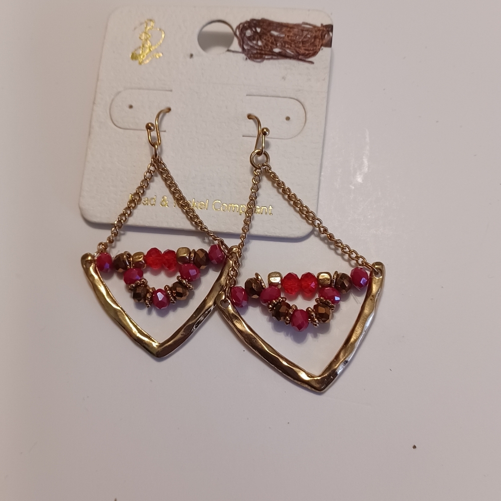 Gold Red Dangle Earrings